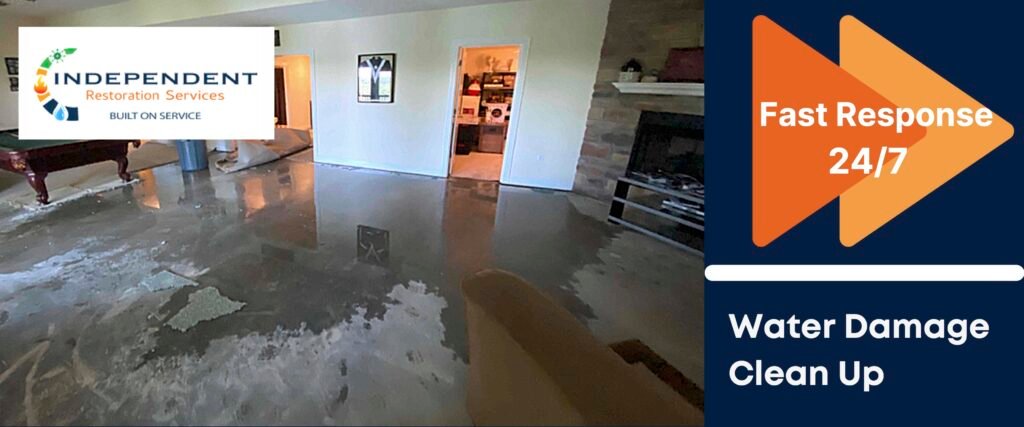 This image shows water damage covering a basement living room floor and title "steps to clean up water damage" - Independent Restoration Services - West Tennessee and North Mississippi.